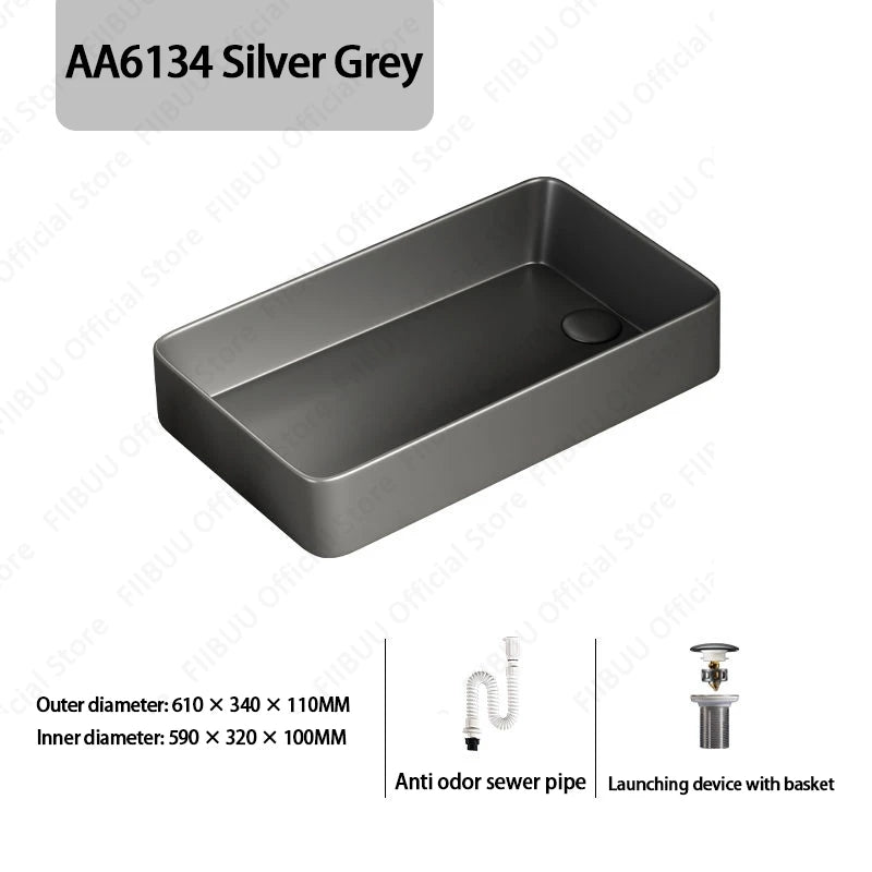 Rechteckiges silbergraues Porzellan-Keramikgefäßwaschbecken über der Theke, Toilette, Badezimmer-Schminktisch, Waschbecken, glasiertes weißes Waschbecken