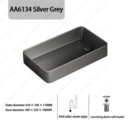 Rechteckiges silbergraues Porzellan-Keramikgefäßwaschbecken über der Theke, Toilette, Badezimmer-Schminktisch, Waschbecken, glasiertes weißes Waschbecken