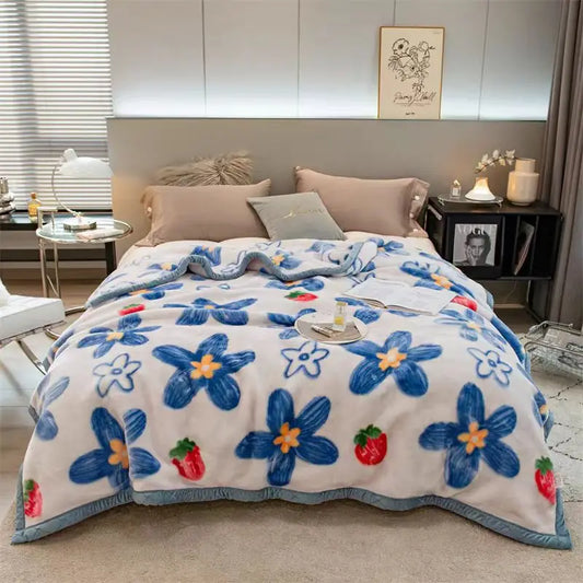 Winter Mink Blankets For Beds Soft Warm Double Layer 150*200Cm Cartoon Floral Pattern Faux Fur Thick Plaid Blankets.