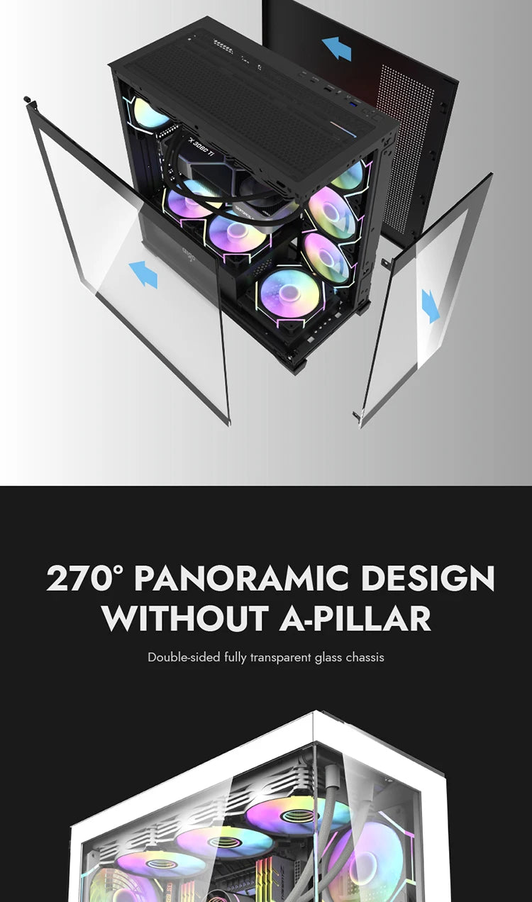 Aigo AS900 PC Case 270° Panoramic Design ATX M-ATX ITX Sea View Room Side Transparent Desktop Chassis Diy Gaming Computer Case.