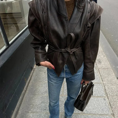 Vintage V-neck Belt Faux Leather Jackets Women Chic Full Sleeve Lace Up High Waist Lapel Overcoat Autumn Female Street Outerwear.