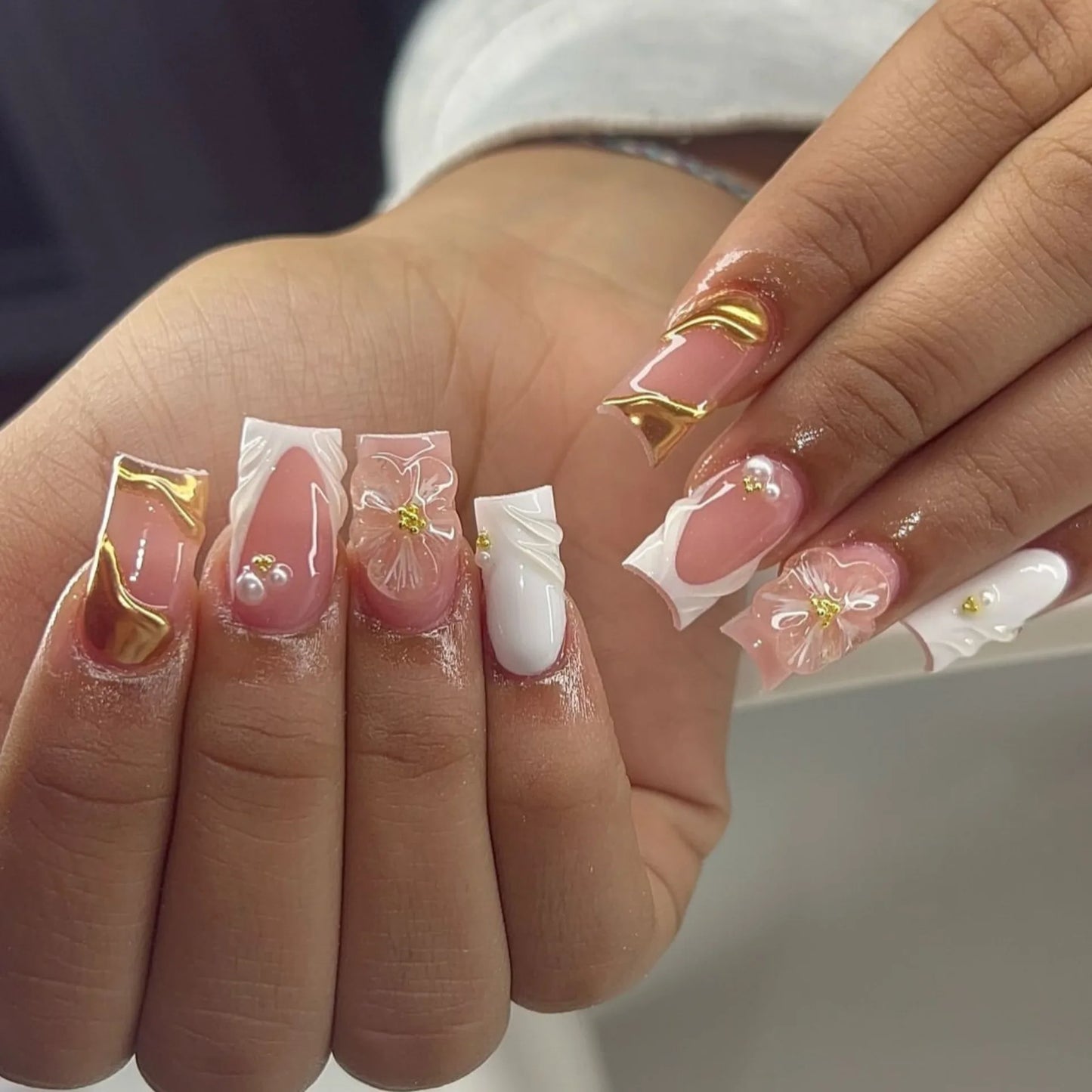 24pcs 3D Flower Press on Nails French Square False Nails Wearable Stick-on Nail Fake Nails Uñas Postizas Накладные Ногти 네일팁.