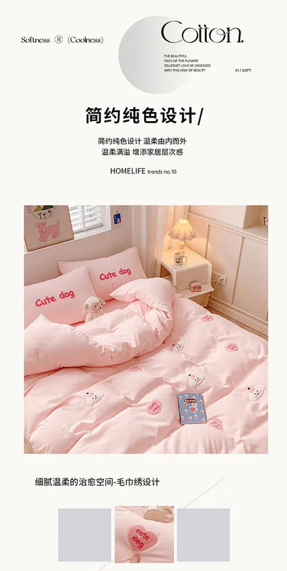 Ins Girly Heart Towel Embroidery Bedding Four-piece Set Soft Washed Cotton Bed Sheet Quilt Cover Three-piece Set.