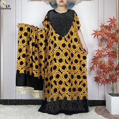 2024 New Muslim Women Dashiki Printed Dress Flower Diamonds Loose Dress With Big Scarf Islamic African Women Short Sleeve Abaya