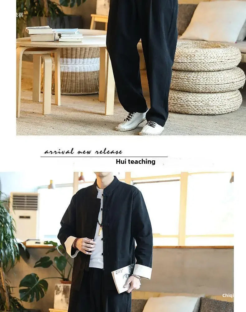Traditional Chinese Men's Tang Suit Cotton Linen Ancient Costume Tea Servant Zen Meditation Clothing Middle Mountain Hanfu.