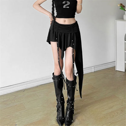 Goth Dark Mall Gothic Dropped Waist Drawstring Mini Skirt Punk Grunge Women Irregular Hem A-line Skirts Chic E-girl Techwear Y2K.