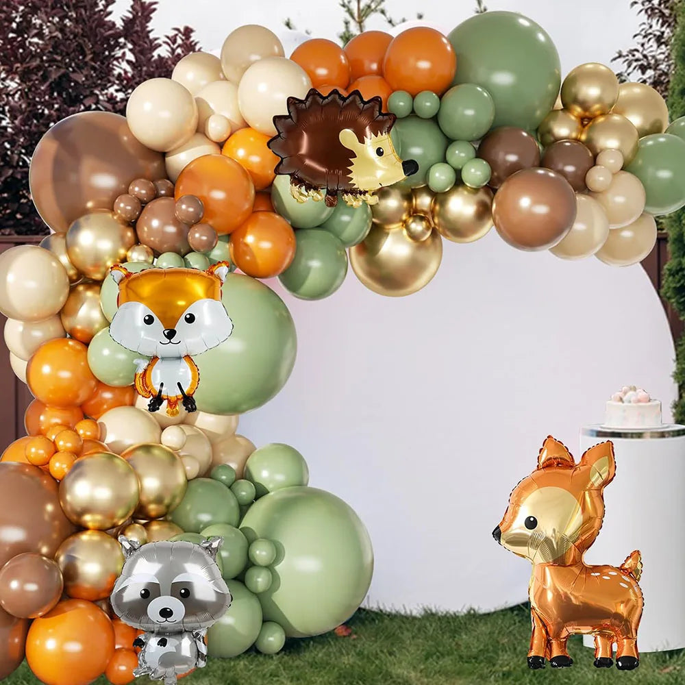 Woodland Animals Balloon Garland Arch Set, 148 Pieces Forest Theme Gray Green Brown Balloon Forest Animal Neutral Gender Reveal Party Supplies Oh Baby Jungle Decoration