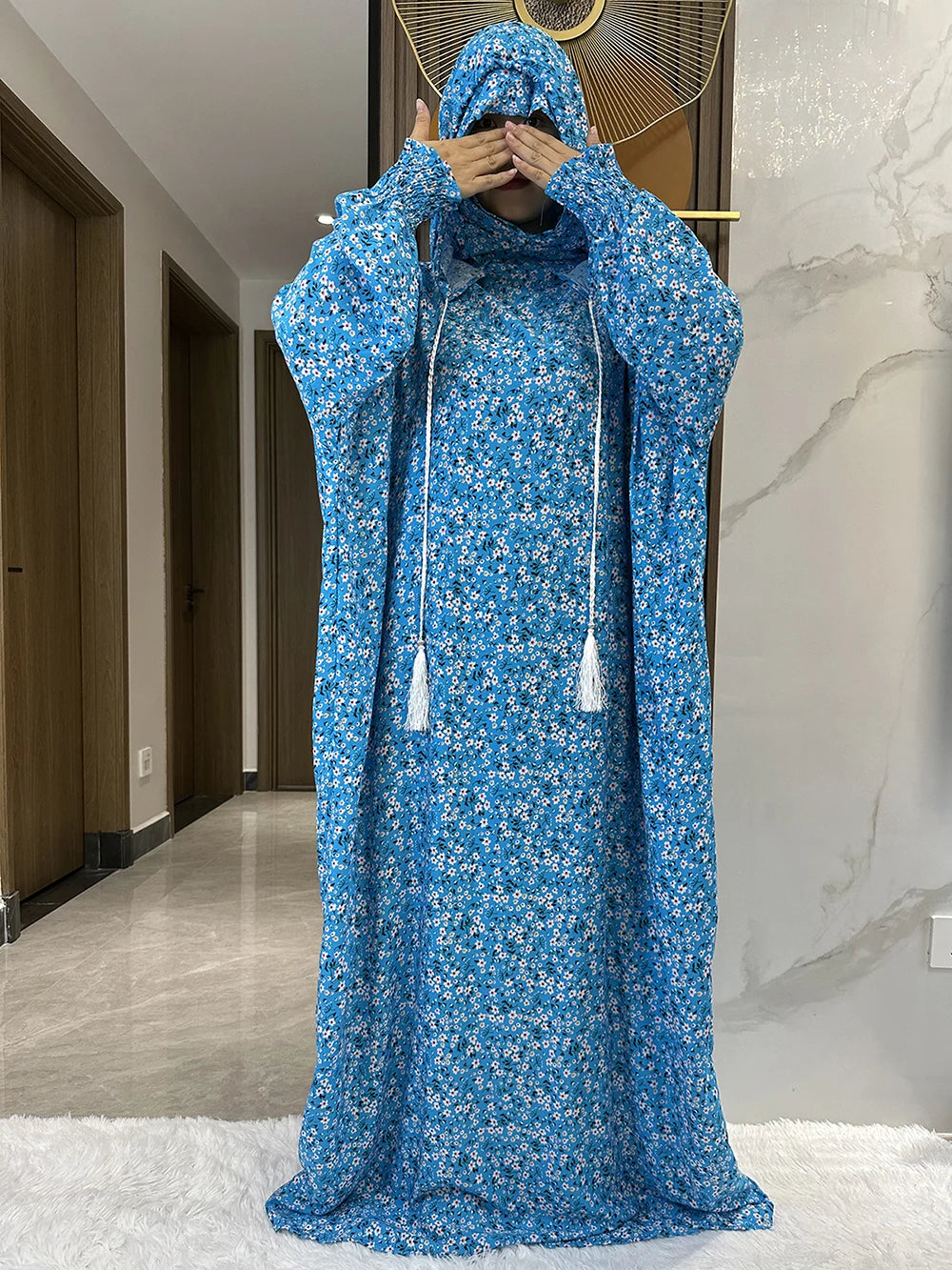 New Ramadan Muslim Two Hats Abaya Dubai Turkey Islam Prayer Clothes Floral Cotton Long Dress Islam Women Dress Kaftan