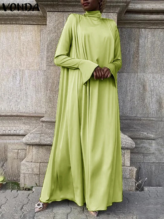 VONDA Frauen Böhmischen Lange Maxi Kleid 2024, Elegante Langarm Hohe Kragen Roben Casual Einfarbig Vestidos Vintage Sommerkleid