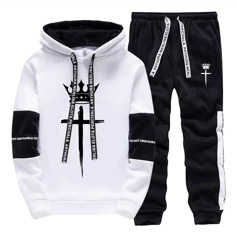 Cross Crown Print Sweatshirts Sweatpants High Quality Street Fashion Tracksuit 2025 Fall/winter Men's Sportswear 2pcs Set.