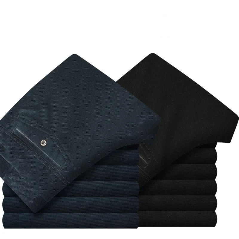 Business Casual Men Corduroy Pants Autumn Winter New Solid Zipper Pockets Simplicity Fashion Loose Thicken Straight Trousers.