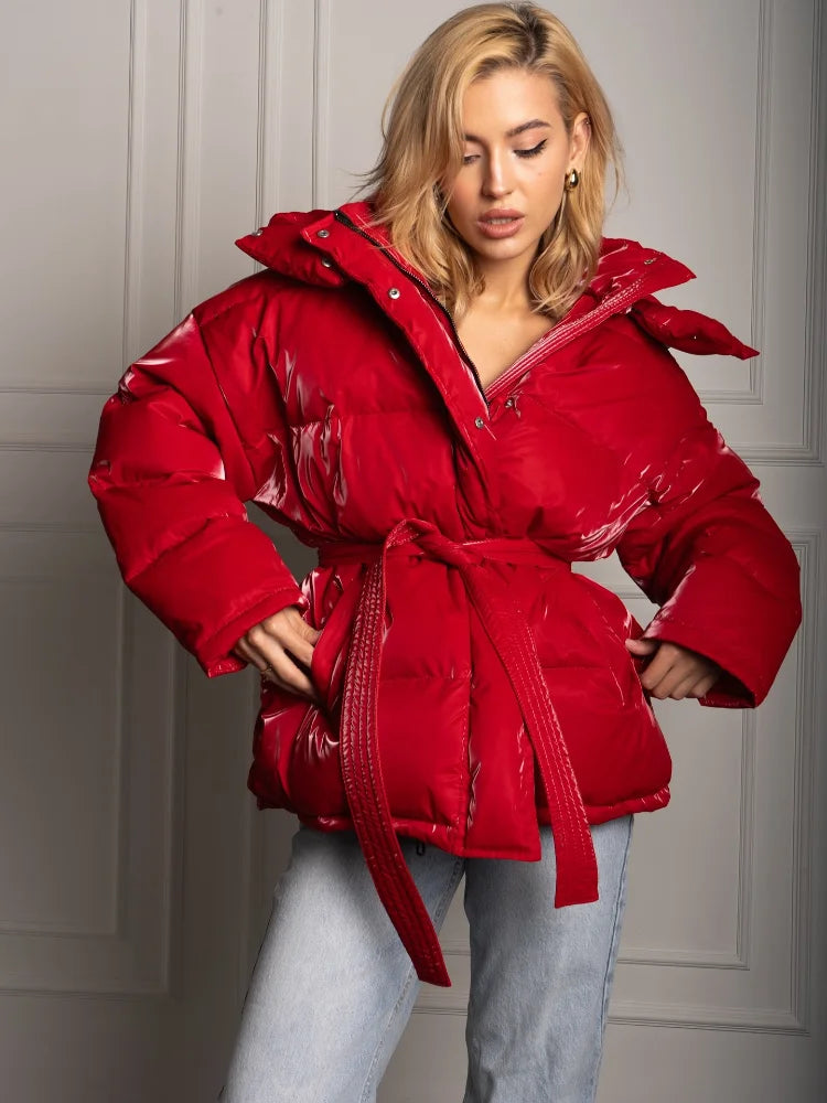 Frauen Glänzend Herbst Winter Mit Kapuze Baumwolle Gefütterte Jacke Lose Lange Hülse Spitze Up Warme Mantel 2025, Neue Dame Mode Party outwear