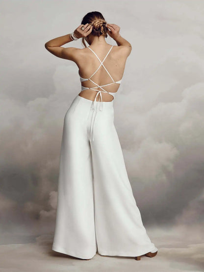 Women Sexy Jumpsuits Backless V-neck Spaghetti Strap Lace-up New Summer Sleeveless Elegant Street Wide-leg Pants Long Rompers.