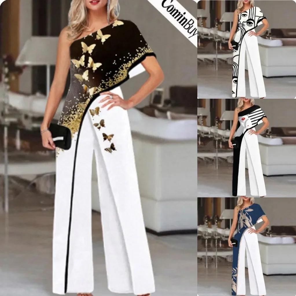 Fashionable Printed Pattern Wide Leg Pants Jumpsuit Independent Station Cross Border Spring Summer Women's Clothing.