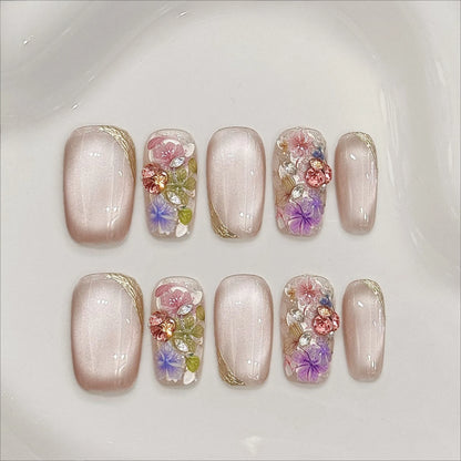 10Pcs Sweet Cute Handmade Press on Nails Flower Butterfly Fake Nails Glossy Diamond False Nails Full Cover Acrylic Nail Tips Art.