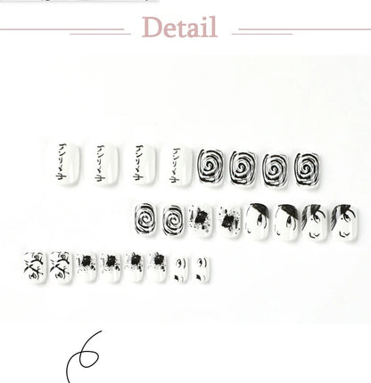 Y2K Black White Hand Drawn Comic Design Wearable Mini Short Fake Nails Full Cover Finished False Nails Press on Nails with Glue.