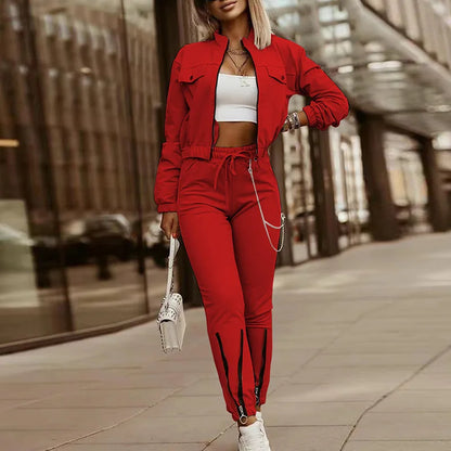 Two Pieces Matching Sets, Women Autumn Winter Long Sleeve Stand Collar Coats Outfit, Elastic Waist Pencil Pants Loungewear Suits.