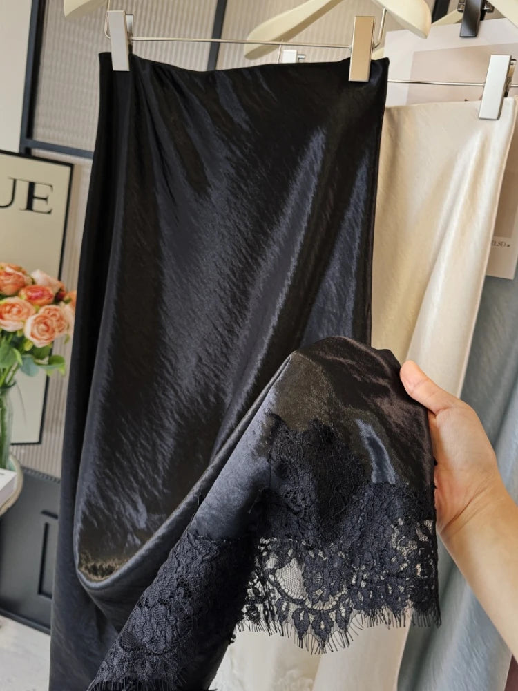 Satin Lace Patchwork Midi Skirt 2025 Women A-line Elegant Smooth Skirt Women Clothing.