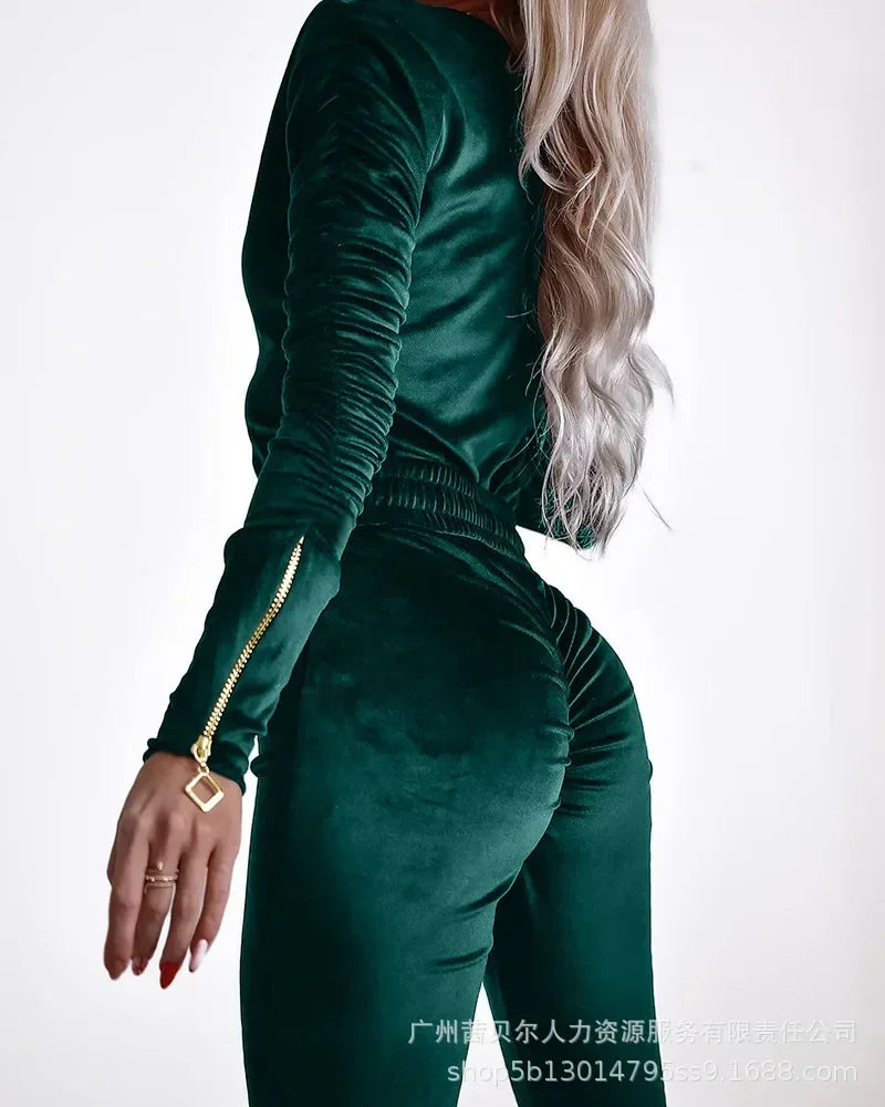 Sexy Women Bodycon Jumpsuits Velvet Zipper Design Sheath Jumpsuits Ruched Long Sleeve Jumpsuit with Elastic Waistbelt for Female.