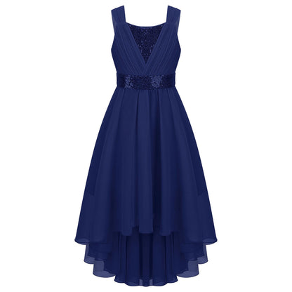 Kinder Blumenmädchenkleid Ärmellos Pailletten Hi-Low-Saum Abendkleid Elegantes Chiffon Prinzessin Geburtstag Formales Hochzeitskleid