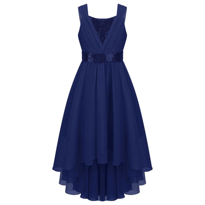 Kinder Blumenmädchenkleid Ärmellos Pailletten Hi-Low-Saum Abendkleid Elegantes Chiffon Prinzessin Geburtstag Formales Hochzeitskleid
