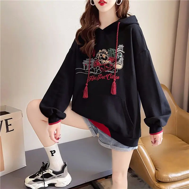 Embroidered Hoodies Sweatshirt for Women Chinese Style Cheap on Promotion Y 2k Vintage Coat Spring and Autumn Woman Hooded Tops.