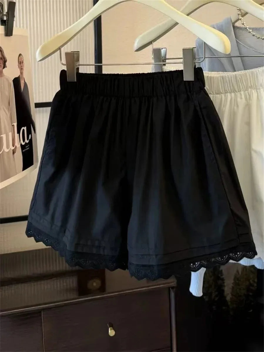 White Lace Trim Patchwork Casual Shorts for Women's High Waisted Wide Leg Vacation Beach Pants Loose Thin Bottoms Home Shorts.