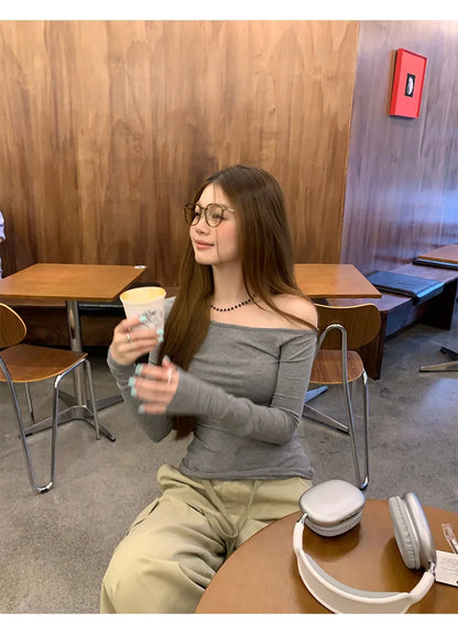 1pcs Spring Autumn Fashion Skew Collar Off-shoulder Long-sleeved T-shirts Women New Solid Slim Fit Sexy Tees Shirts Student Tops.