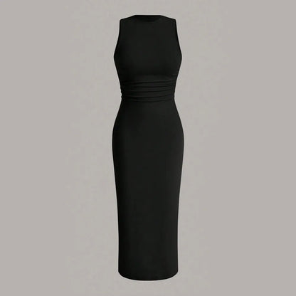 Mia Muse Damenkleider für alle Jahreszeiten, minimalistisch, schlicht, ärmellos, Rundhalsausschnitt, Wickel-MIDI-Partykleider
