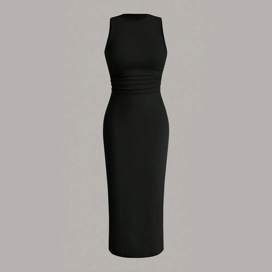 Mia Muse Damenkleider für alle Jahreszeiten, minimalistisch, schlicht, ärmellos, Rundhalsausschnitt, Wickel-MIDI-Partykleider