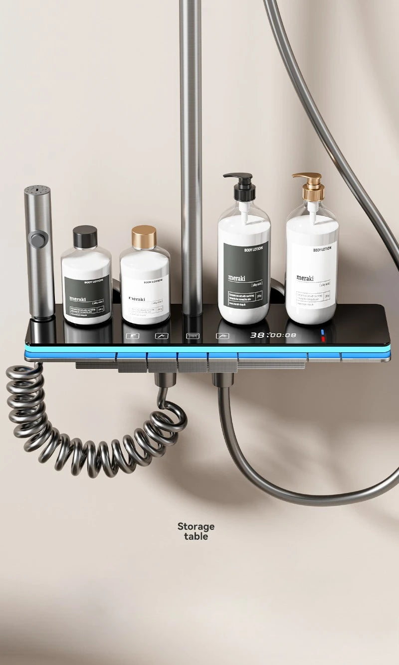 Graues Duschsystem mit Umgebungslicht, intelligentes digitales Duscharmatur-Set, Temperaturanzeige, Regen-Badezimmer-Duschset