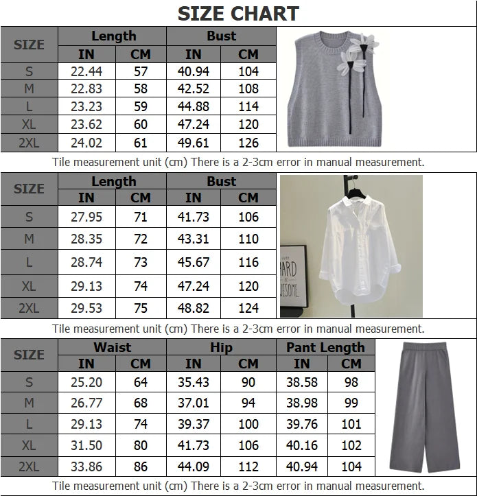 Herbst Winter Elegante Strickwaren 3-teiliges Damen-Pullover-Set Schicke weiße graue schwarze Strickjacke mit Schleifendetail Lässige gestrickte Hose mit weitem Bein