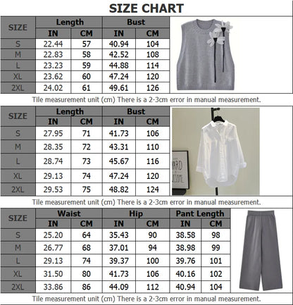 Herbst Winter Elegante Strickwaren 3-teiliges Damen-Pullover-Set Schicke weiße graue schwarze Strickjacke mit Schleifendetail Lässige gestrickte Hose mit weitem Bein