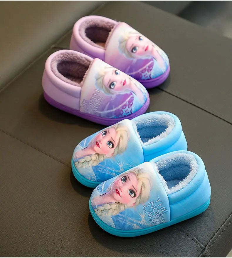 Disney Princess Elsa Winter Children's Heel Cotton Slippers Girls' Warm Frozen Kids' Cotton Black Purple Flats Shoes Size 24-40.