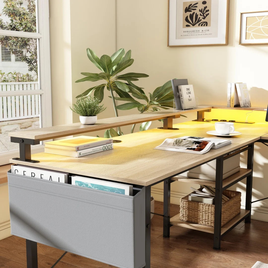 Eckschreibtisch mit Doppelablage L-förmig Computer Tisch mit Regal und Haken höhenverstellbar 140cm