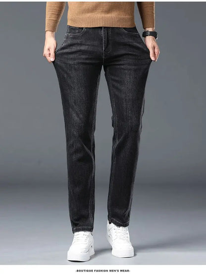2025 New Stretch Jeans Men's Regular Classic Business Slim Trousers Black Blue Straight Male Y2K Brand Clothing Pants Size 29-40.