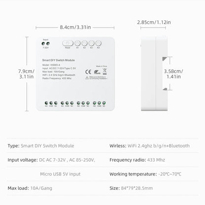 AVATTO Tuya WiFi 4-Kanal-Schaltmodul, 7–32 V/85–250 V RF433 Fernbedienungsrelais-DIY-Modul, funktioniert mit Alexa, Google Home, Alice.
