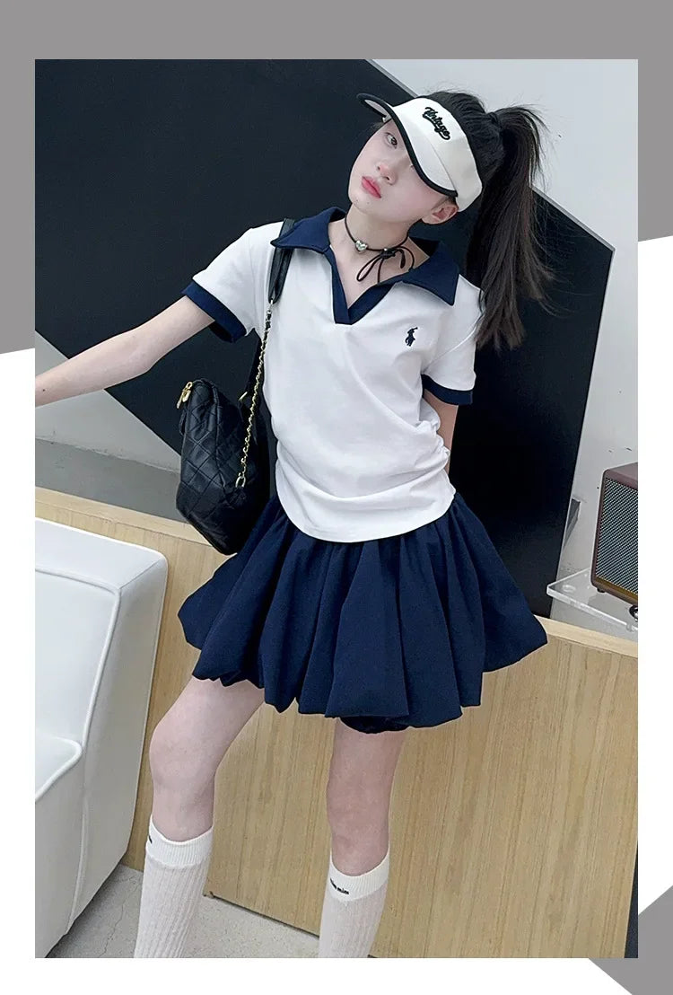 Girls Summer New Fashion Korean Style School Sports Short Sleeve T-Shirt And Bloomers Two-Piece Set White Floral Print Outfit.