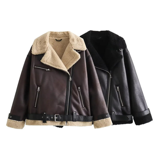 2023 Autumn/Winter New Women's Wear New Fashion Casual Loose Versatile Leather and Fur One Piece Jacket Coat.