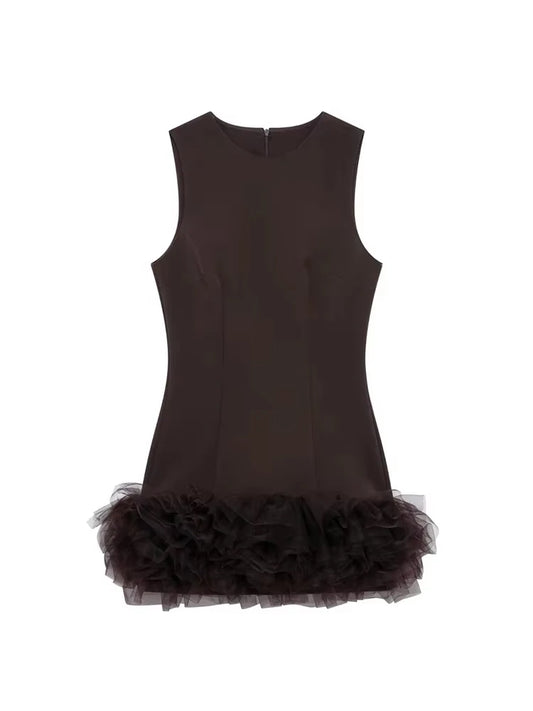 TRZA Wome Mode Mit Tüll Mini Kleid O Neck Ärmellose Zurück Zipper Weibliche Kleider Vestidos Mujer