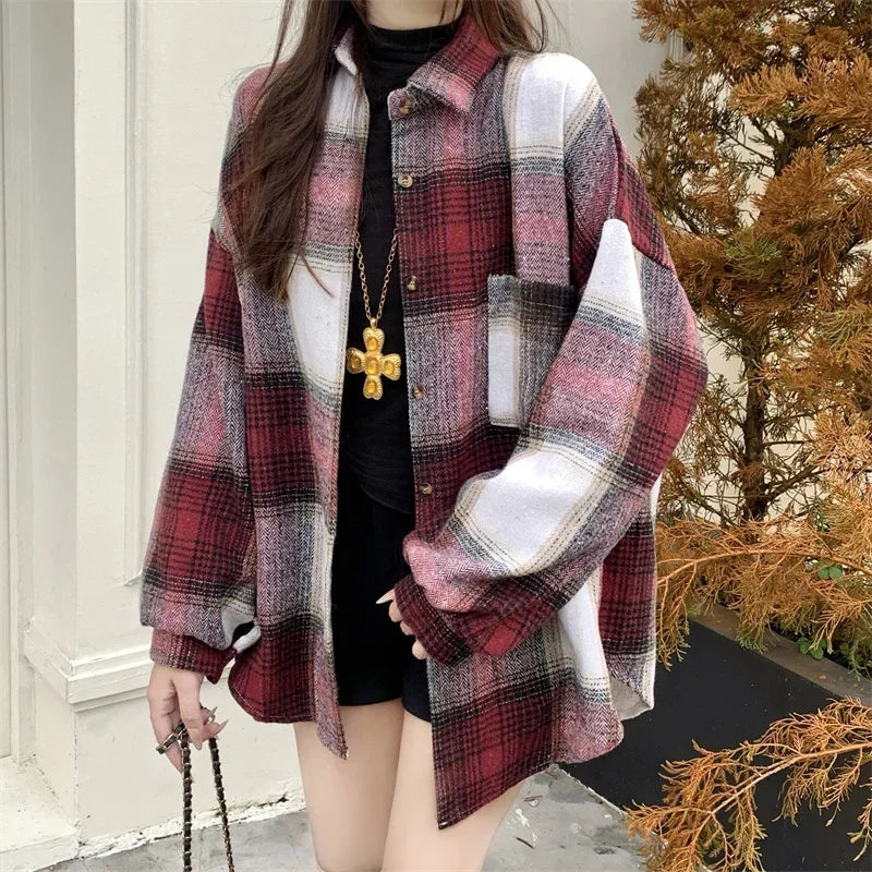 Zjaiss Women Thick Woolen Plaid Blouse Loose Long Sleeved Tops 2025 Autumn Winter New Casual Shirt Long Shirts