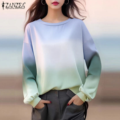ZANZEA Plus Size Sweatshirts Women Long Sleeve Autumn Fashion Hoodies Gradient Color Round Neck Causal Loose Pullovers 2025 5XL.