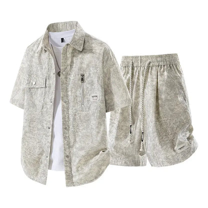Men's Summer Casual Versatile Fashionable Cool Short-Sleeved Shirt And Shorts Set Trendy Business Casual Outfit.
