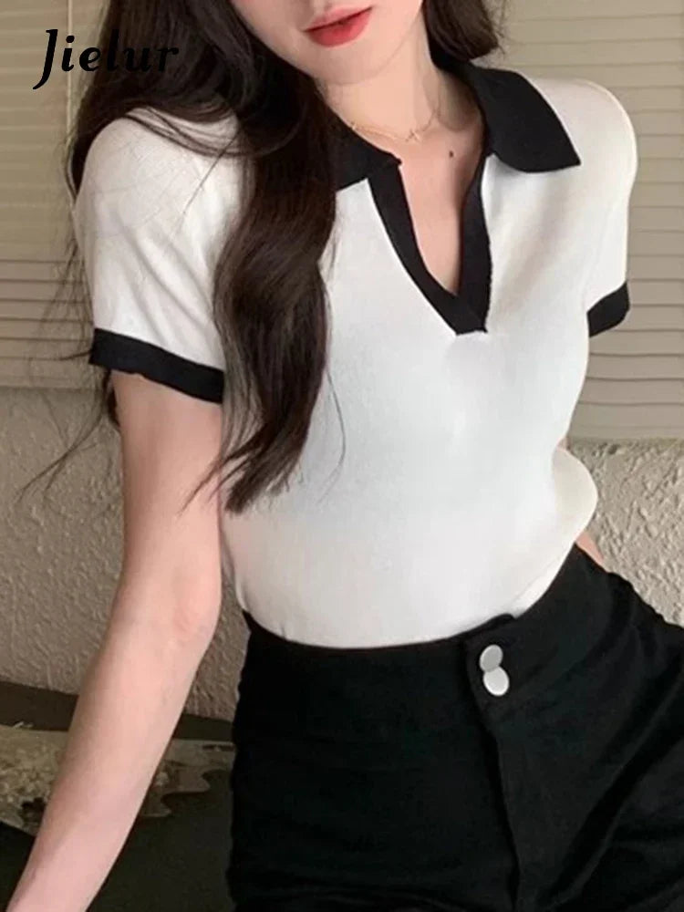 Jielur Spell Color Polo Knitting Women's Blouses Slim Sexy Short Sleeve Summer New Casual Female Blouse Chic Simple Office Lady