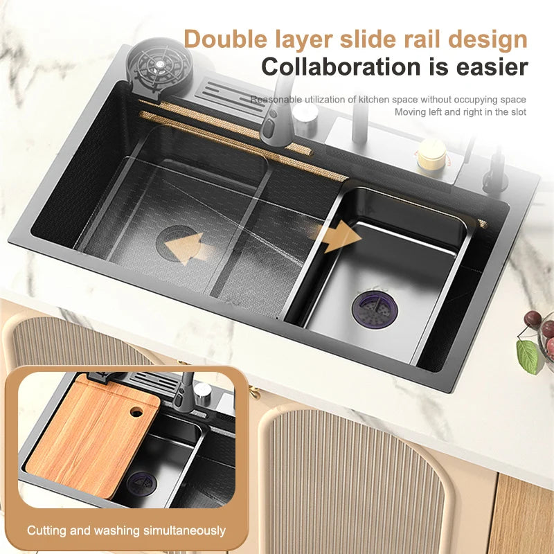 Large Single Slot Embossed Stainless Steel Waterfall Kitchen Sink  Household Wash basin Dishwashing  Sink For Kitchen