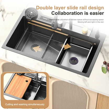 Large Single Slot Embossed Stainless Steel Waterfall Kitchen Sink  Household Wash basin Dishwashing  Sink For Kitchen