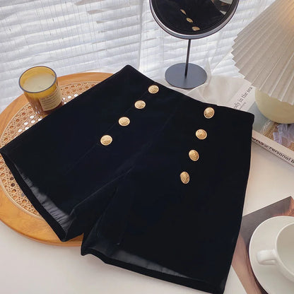 Velvet Black High Waist Slim Shorts Thicked Women's Winter New Korean Fashion Double-breasted Wide Leg Short Pants.