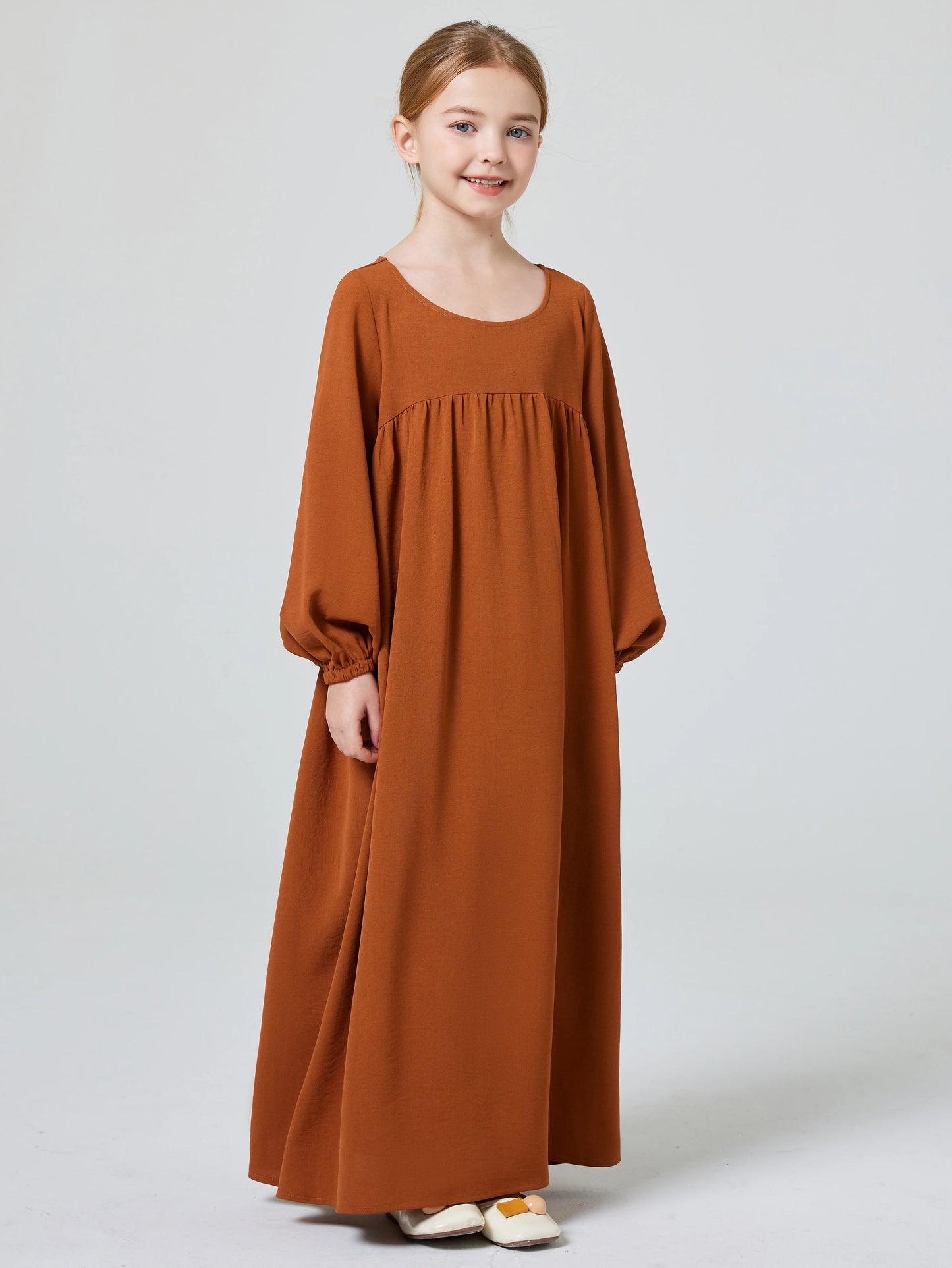 Kids Abaya Ramadan Muslim Dubai Elegant Girl's Solid Crew Neck Long Sleeve Kaftan Kebaya Dress For Party Pray Gift.