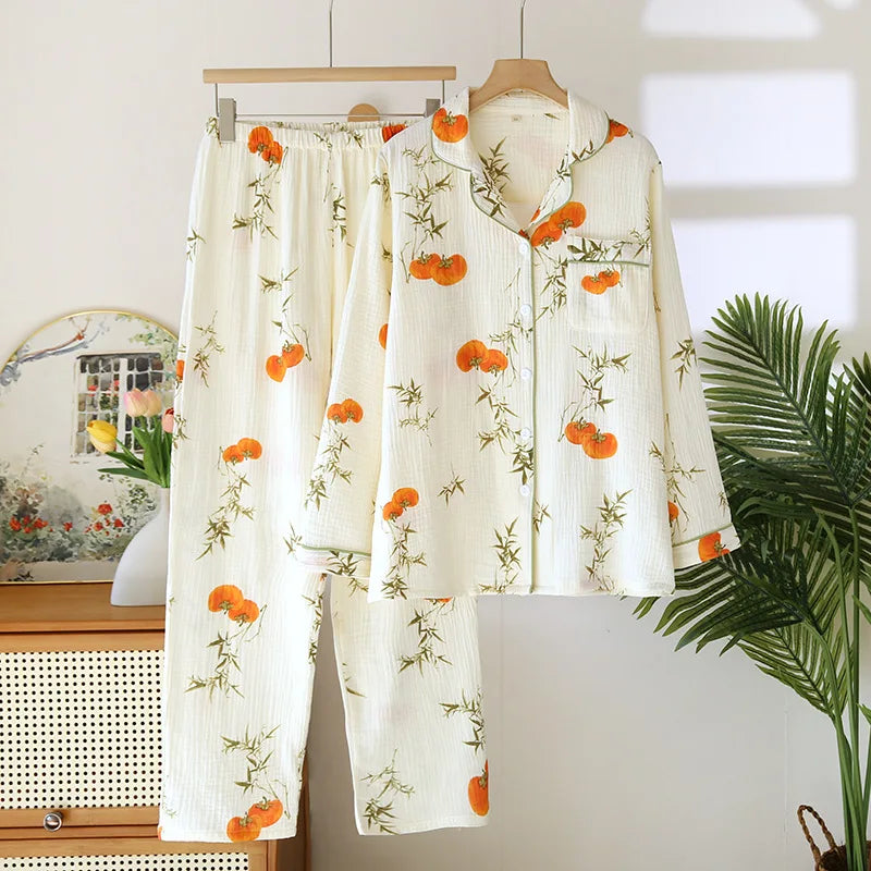 2025 neue Frühjahr/Sommer frauen Pyjama Set 100% Baumwolle Crepe Nette Liebe Langarm Lange Hosen Zwei Stück set Strickjacke Hause Kleidung