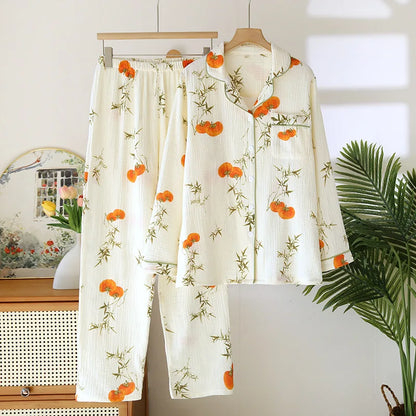 2025 neue Frühjahr/Sommer frauen Pyjama Set 100% Baumwolle Crepe Nette Liebe Langarm Lange Hosen Zwei Stück set Strickjacke Hause Kleidung